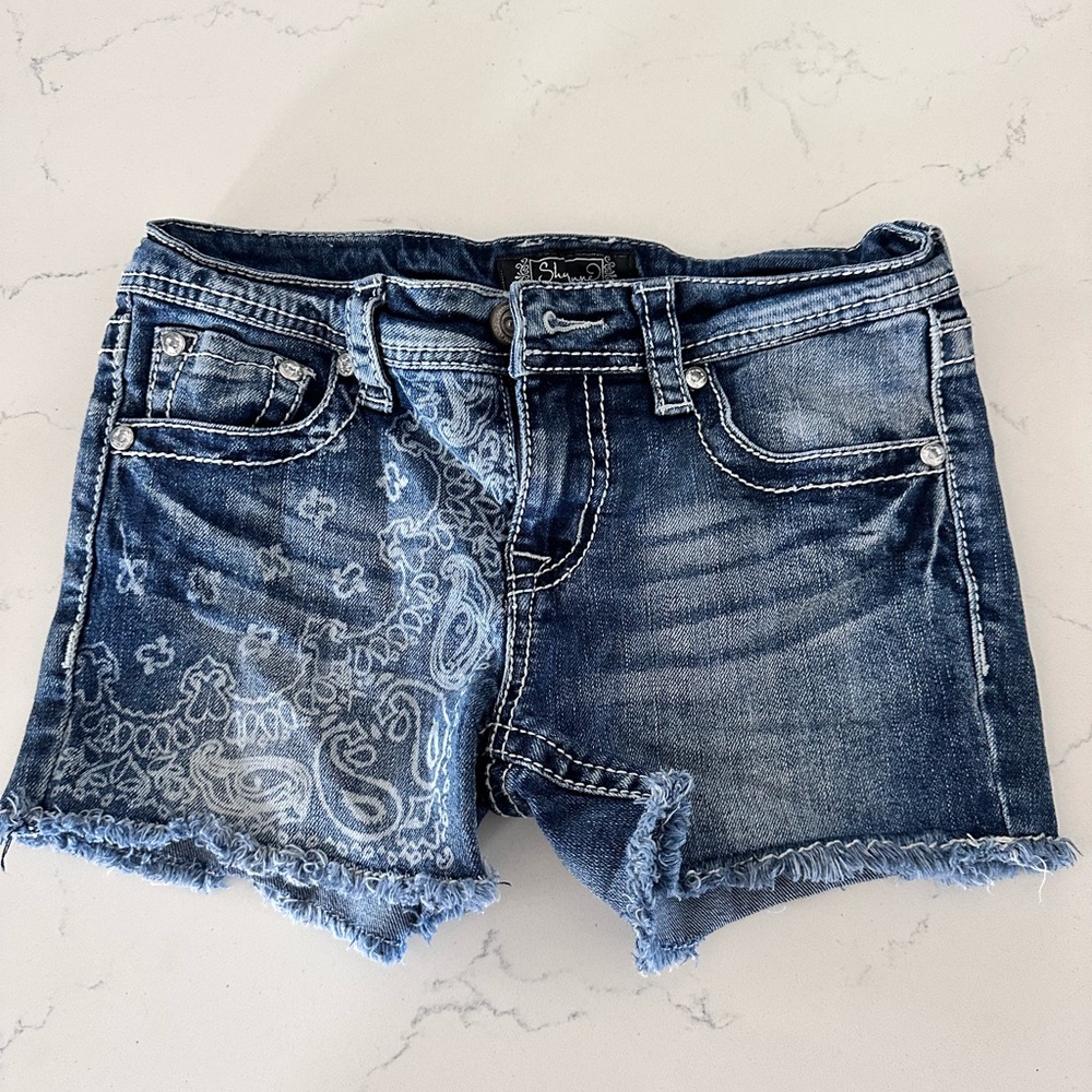 Shyanne Blue Distressed Denim Shorts with Embroidery